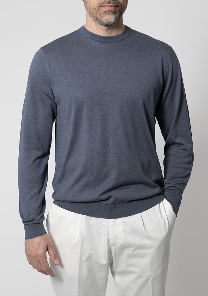 Men's Ravello silk cashmere crew neck sweater in oceano blue, knit detail, Addison Geneva #color_oceano