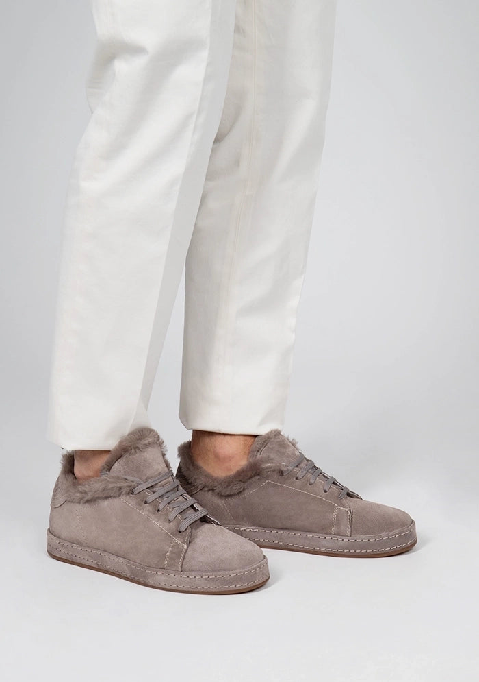 Men's Cortina shearling-lined suede sneakers in taupe, detail, Addison Geneva #color_TAUPE