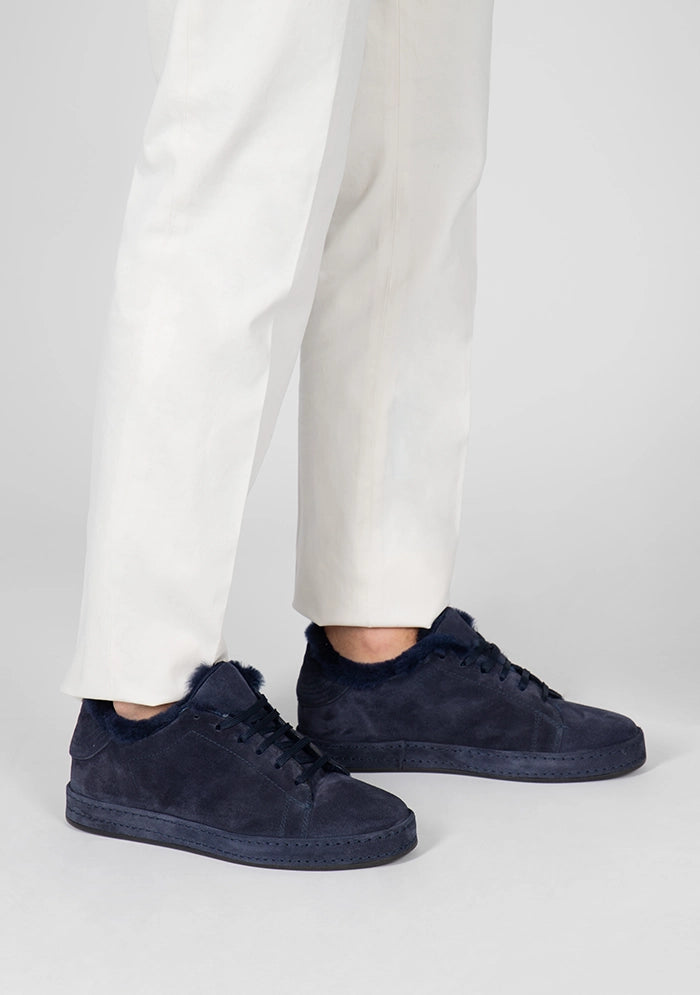 Men's Cortina shearling-lined suede sneakers in navy, detail, Addison Geneva #color_navy