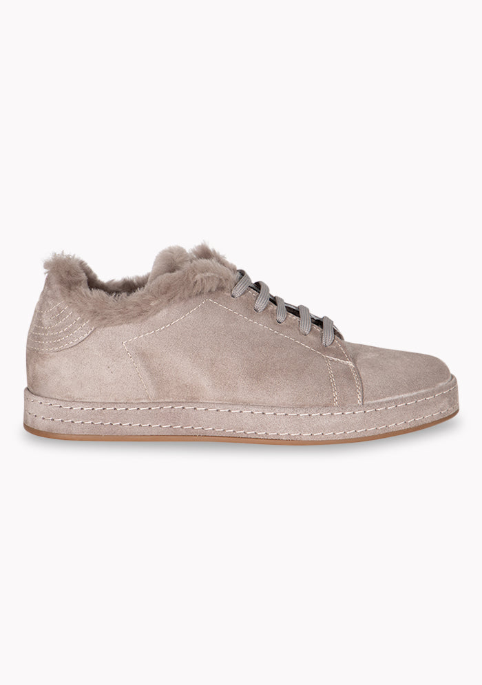Men's Cortina shearling-lined suede sneakers in taupe, detail, Addison Geneva #color_TAUPE