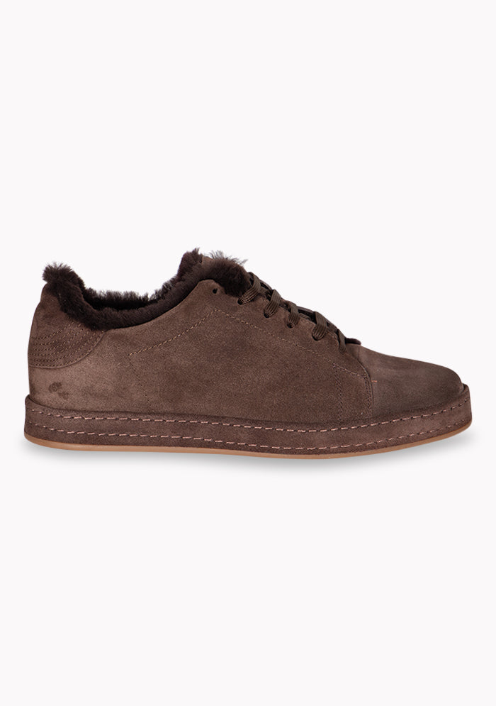 Men's Cortina shearling-lined suede sneakers in dark brown, detail, Addison Geneva #color_BROWN
