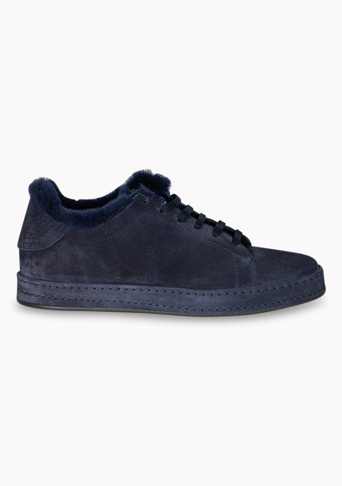 Men's Cortina shearling-lined suede sneakers in navy, detail, Addison Geneva #color_NAVY