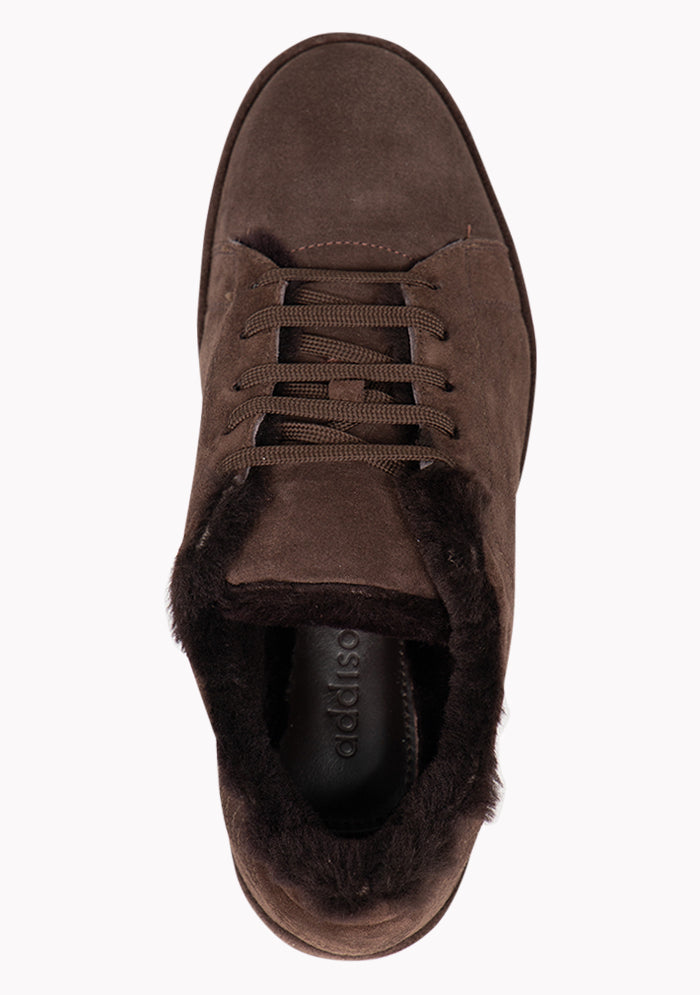 Men's Cortina shearling-lined suede sneakers in dark brown, detail, Addison Geneva #color_BROWN