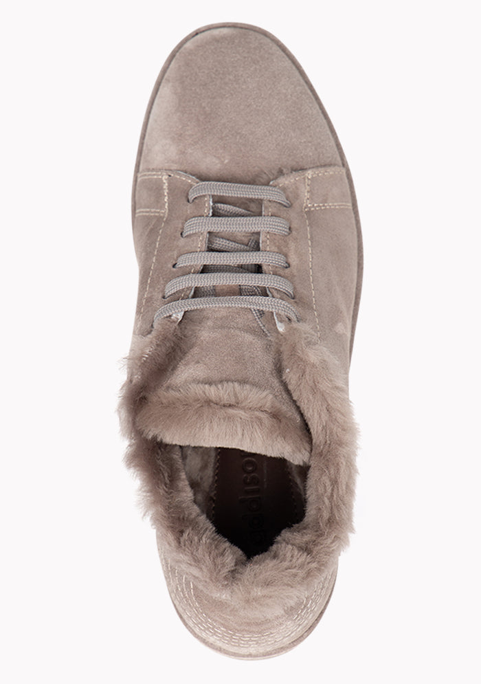 Men's Cortina shearling-lined suede sneakers in taupe, detail, Addison Geneva #color_TAUPE