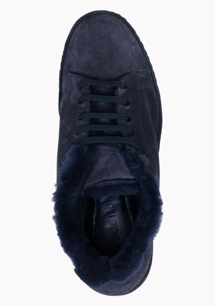 Men's Cortina shearling-lined suede sneakers in navy, detail, Addison Geneva #color_NAVY