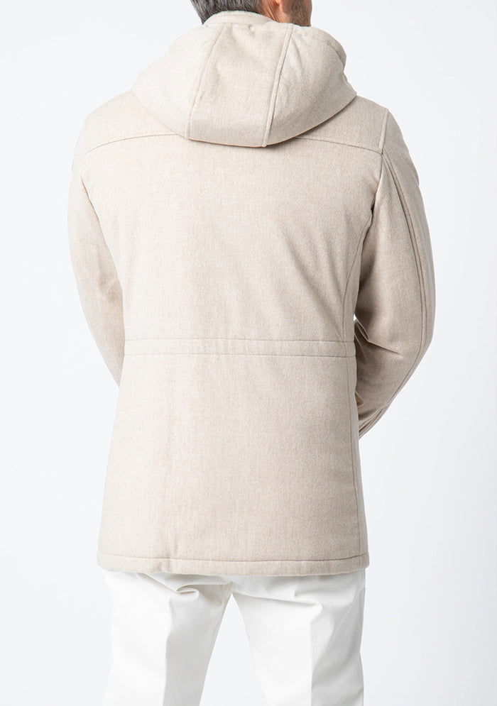 Men's Caligola hooded cashmere parka in beige, Loro Piana Green Storm System, worn #color_BEIGE