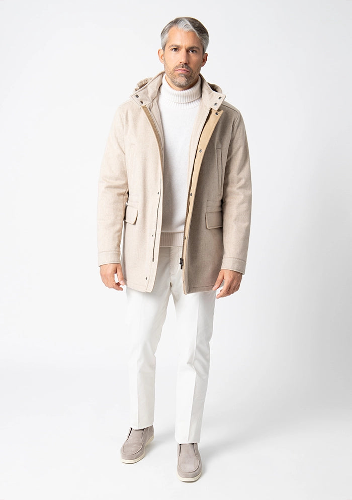 Men's Caligola hooded cashmere parka in beige, Loro Piana Green Storm System, worn #color_BEIGE