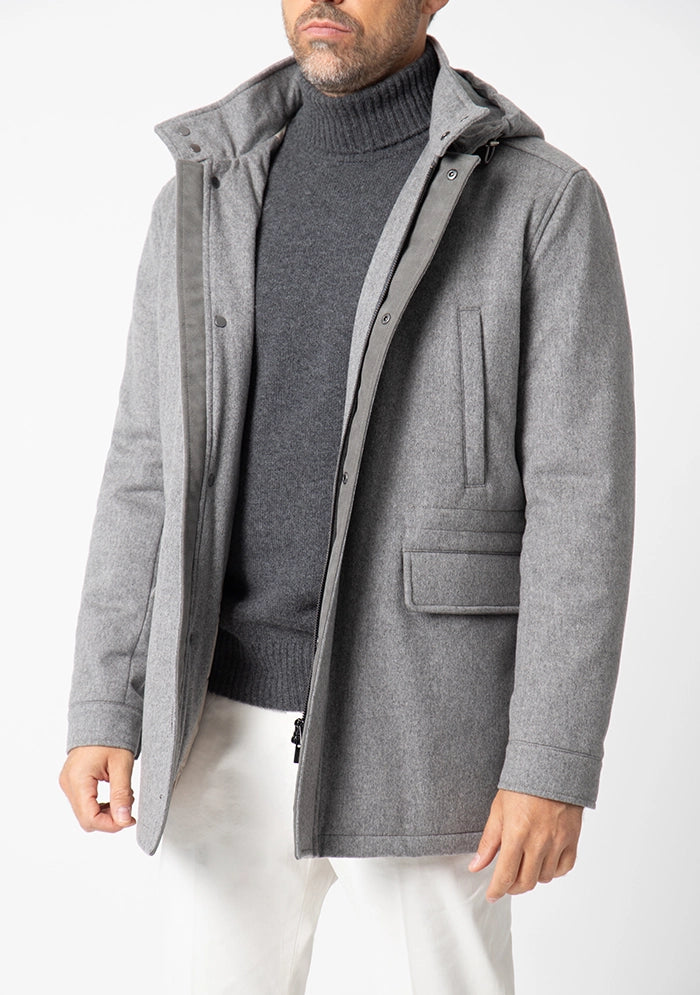 Men's Caligola hooded cashmere parka in grey, Loro Piana Green Storm System, worn #color_GRIGIO
