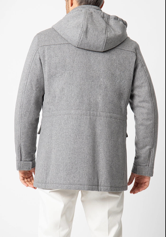 Men's Caligola hooded cashmere parka in grey, Loro Piana Green Storm System, worn #color_GRIGIO