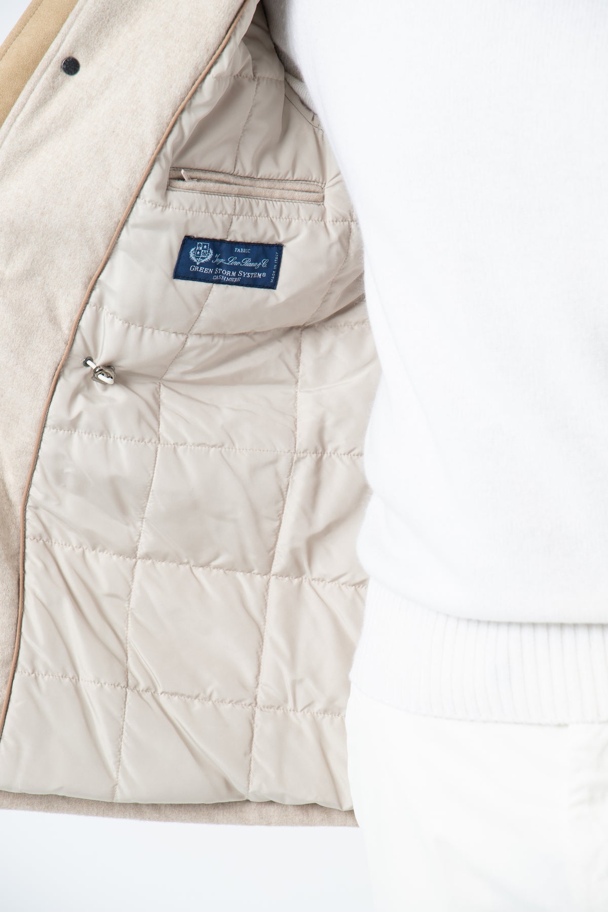 Men's Caligola hooded cashmere parka in beige, Loro Piana Green Storm System, worn #color_beige
