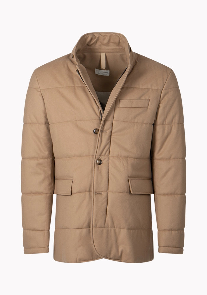 Men's Milano Loro Piana Rain System wool jacket in beige, front view, Addison Geneva #color_BEIGE