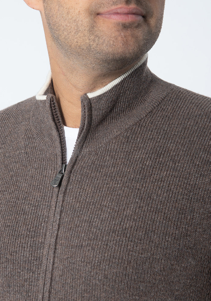 Men's Ancona Wool & Cashmere Full-Zip Sweater in grizzly brown, worn, two-way zip detail #color_grizzly1