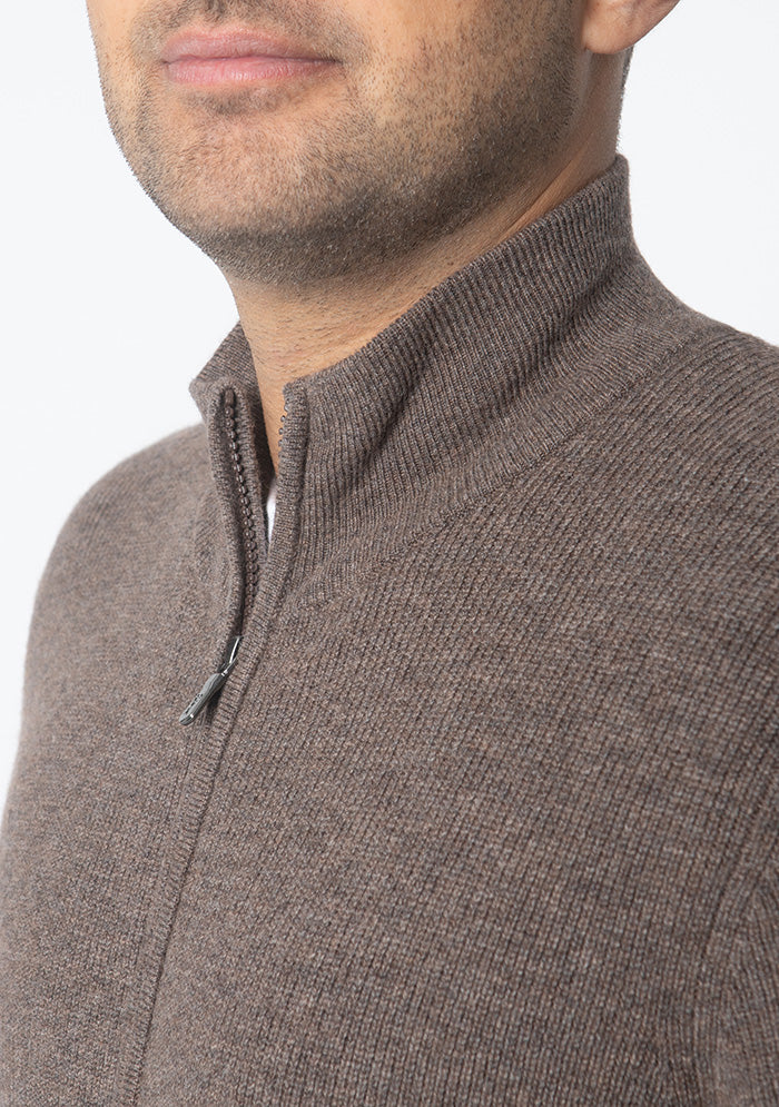 Men's Ancona Wool & Cashmere Full-Zip Sweater in grizzly brown, worn, two-way zip detail #color_grizzly2