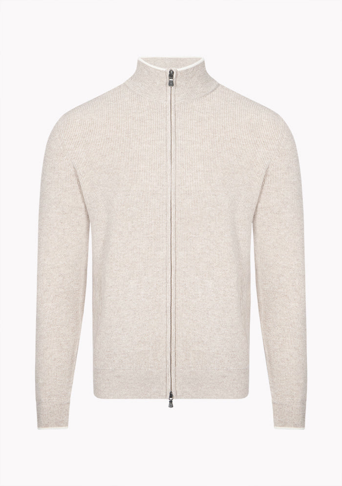 Men's Ancona Wool & Cashmere Full-Zip Sweater in millet beige, Addison × DrunkenKoala #color_MILLET 1