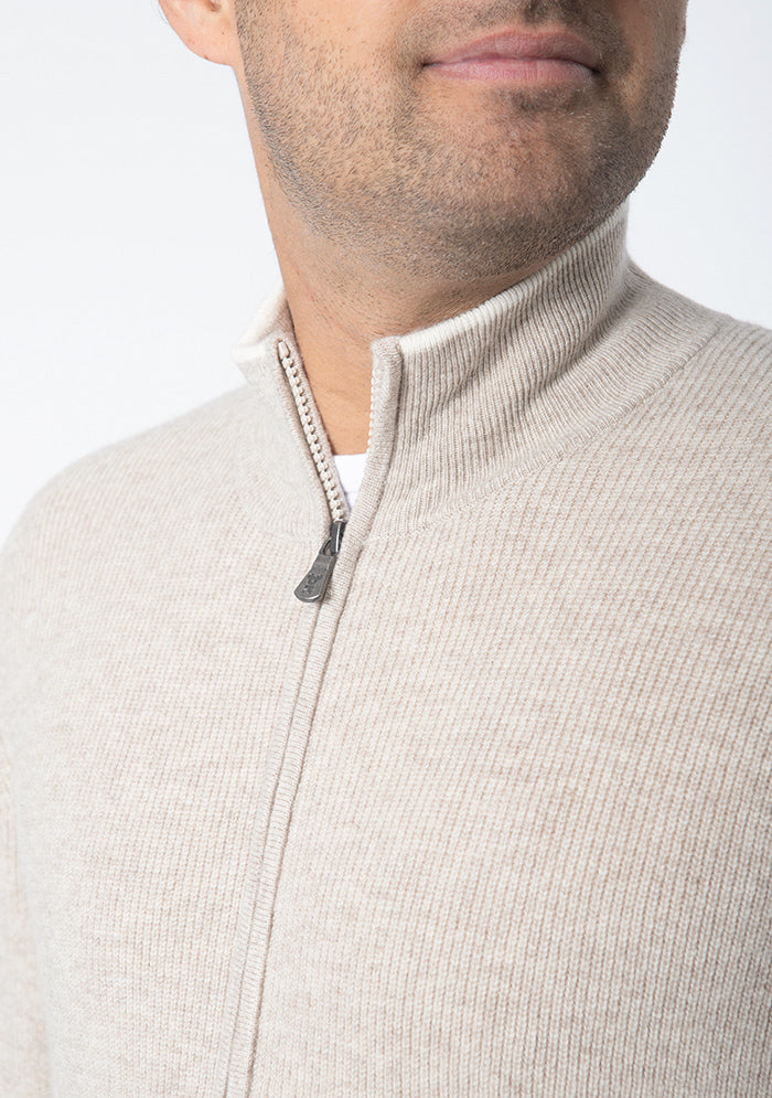 Men's Ancona Wool & Cashmere Full-Zip Sweater in millet beige, worn, two-way zip detail #color_MILLET 1