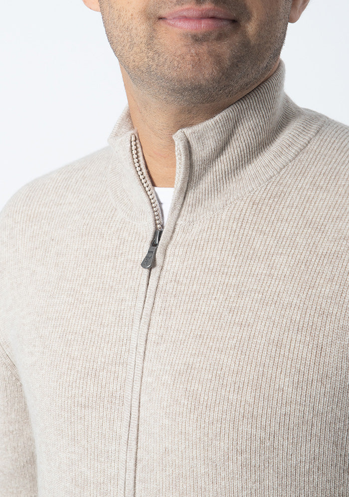 Men's Ancona Wool & Cashmere Full-Zip Sweater in millet beige, worn, two-way zip detail #color_MILLET 2