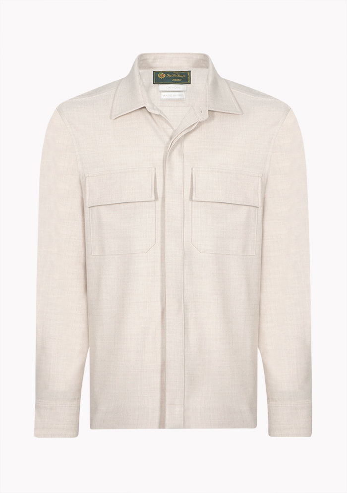 Men's Aosta Loro Piana wool overshirt in cream with concealed placket and chest flap pockets, Addison Geneva #color_crema
