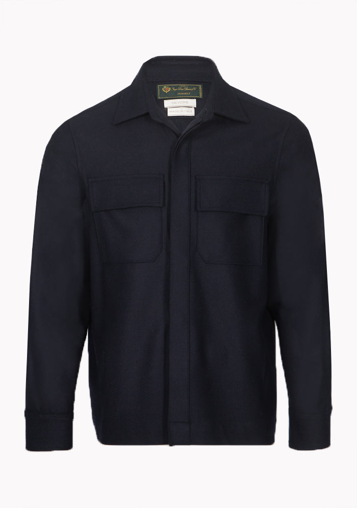 Men's Aosta Loro Piana wool overshirt in navy with concealed placket and chest flap pockets, Addison Geneva #color_blu