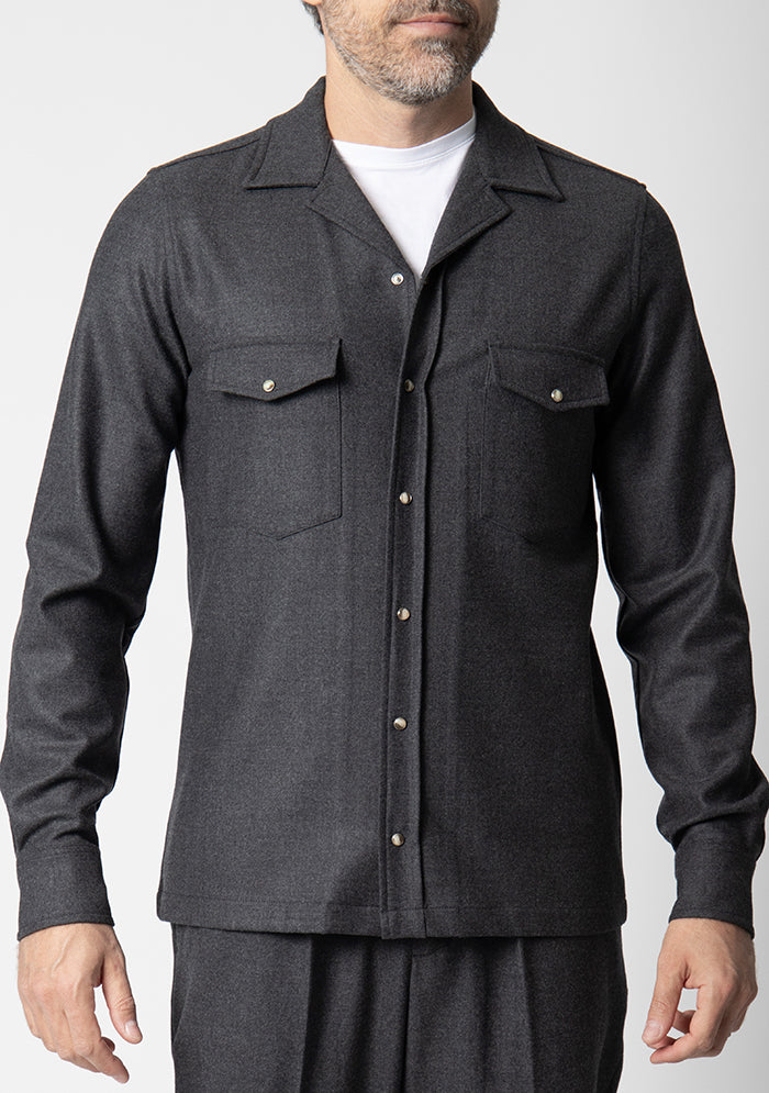 Men's Aosta charcoal wool overshirt, worn, Loro Piana Jersely fabric, made in Italy, Addison Geneva #color_FUMO