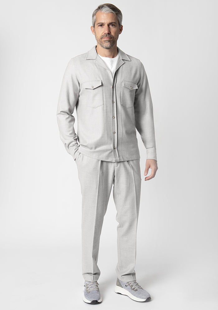 Men's Aosta grey wool overshirt, worn, Loro Piana Jersely fabric, made in Italy, Addison Geneva #color_GRIGIO