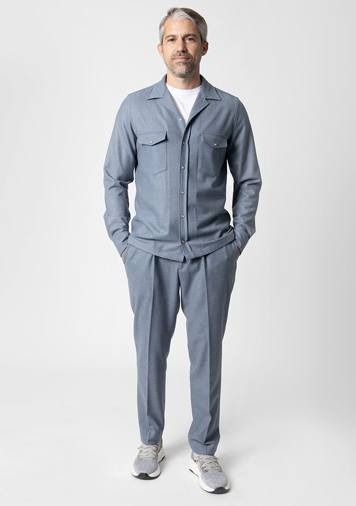 Men's Aosta sky blue wool overshirt, worn, Loro Piana Jersely fabric, made in Italy, Addison Geneva #color_CERCULEO