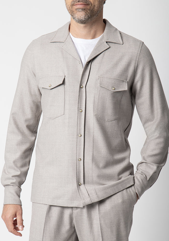 Men's Aosta taupe wool overshirt, worn, Loro Piana Jersely fabric, made in Italy, Addison Geneva #color_TALPA