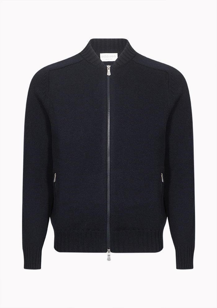 Men's Cervinia wool knitted bomber cardigan in navy, ribbed stand collar and two-way zip, handcrafted in Italy, Addison Geneva #color_BLU