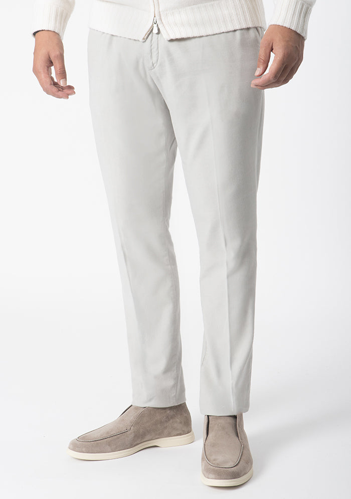 Men's Courmayeur Devore Peach-Skin Cotton Trousers in grey, cotton, modal and silk, Addison Geneva #color_GRIGIO