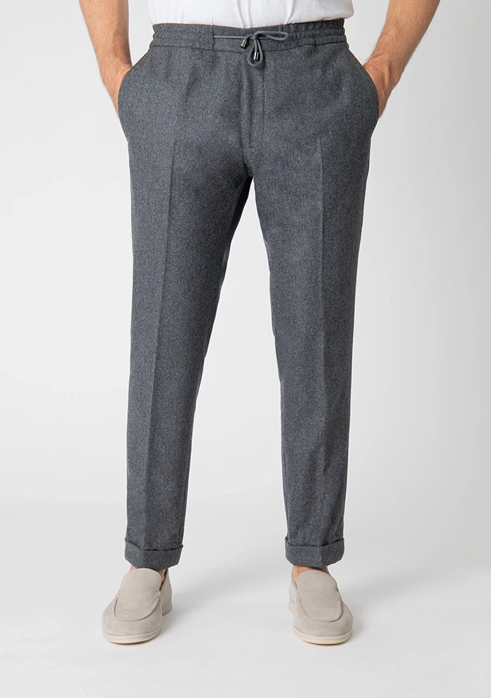 Men's Flannel Laces Trousers in dark grey, worn, lace-up waist, Addison Geneva #color_dk grey