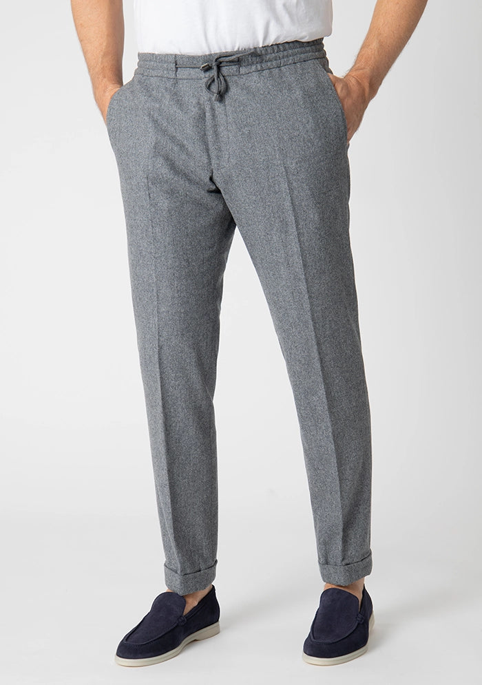 Men's Flannel Laces Trousers in mid grey, worn, lace-up waist, Addison Geneva #color_md grey