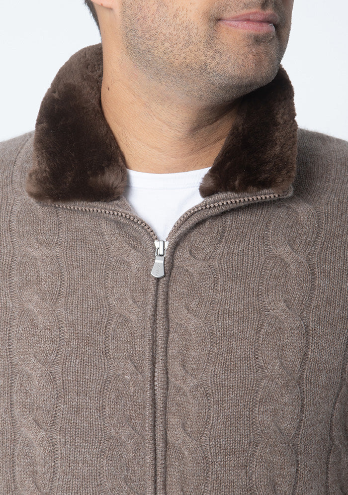 Men's baby cashmere cable-knit cardigan, Addison Geneva #color_MARRON