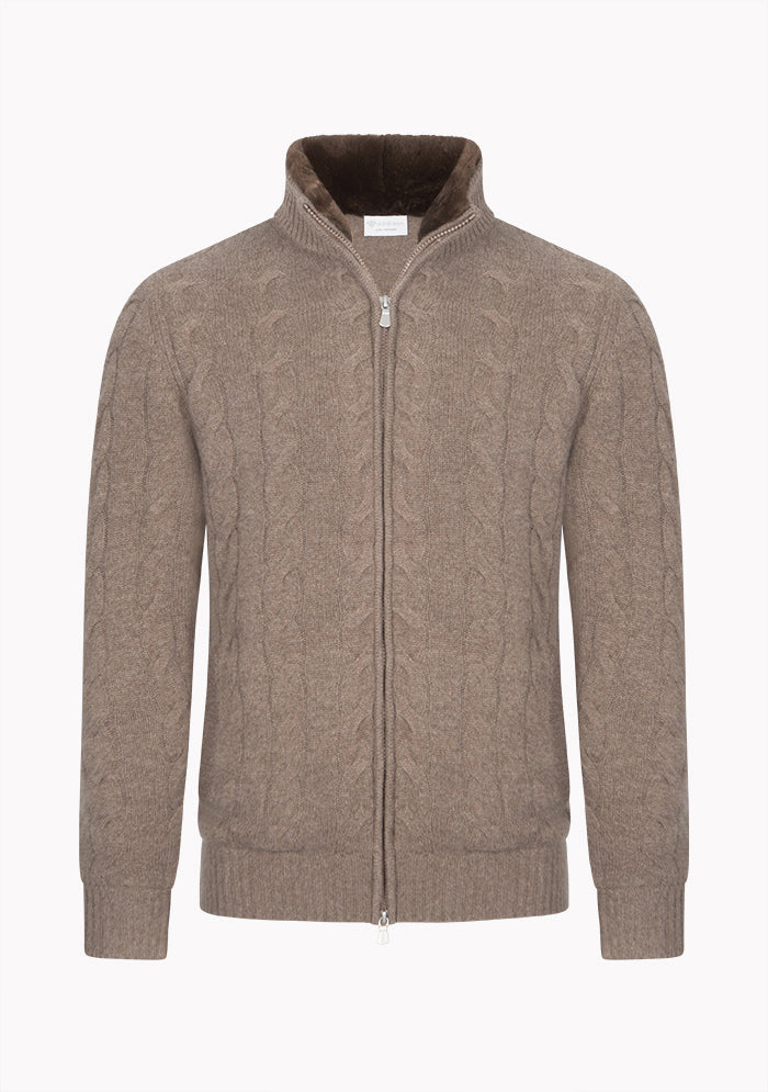 Men's baby cashmere cable-knit cardigan in brown, Addison Geneva #color_MARRON