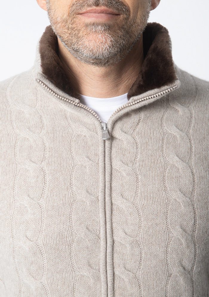 Men's baby cashmere cable-knit cardigan, Addison Geneva #color_BEIGE