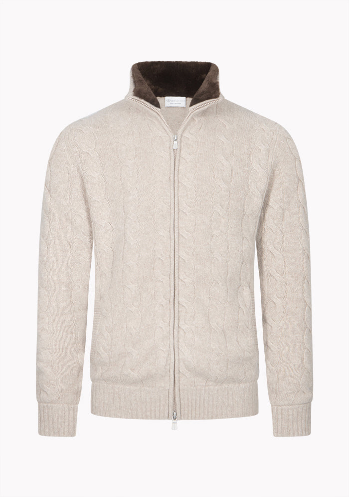 Men's baby cashmere cable-knit cardigan in beige, Addison Geneva #color_BEIGE