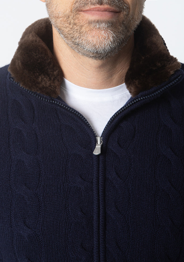 Men's baby cashmere cable-knit cardigan, Addison Geneva #color_marine