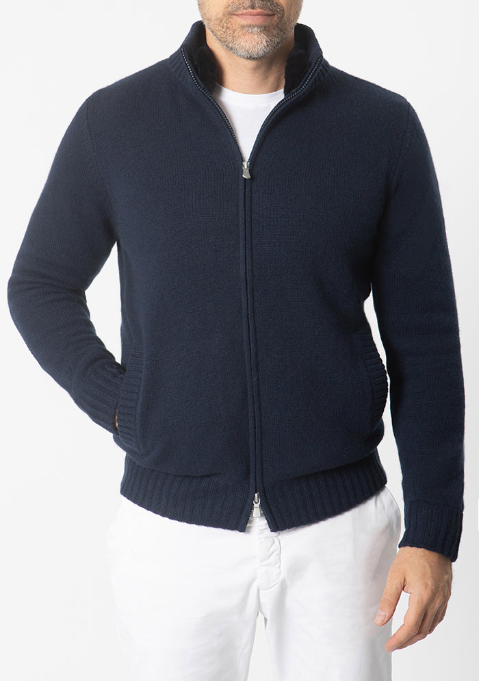 Men's Zermatt Italian cashmere cardigan with removable Rex fur collar, Addison Geneva
