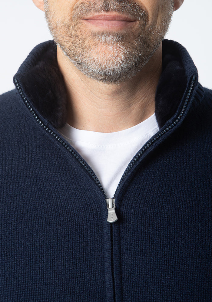 Men's Zermatt Italian cashmere cardigan with removable Rex fur collar, Addison Geneva