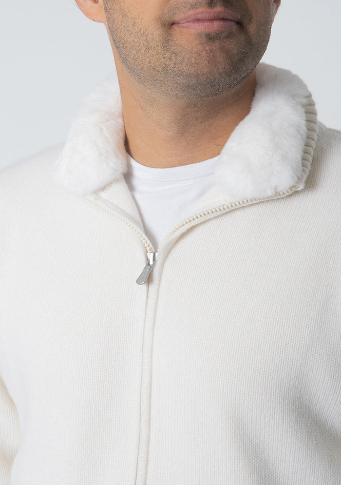 Men's Zermatt Italian cashmere cardigan with removable Rex fur collar, Addison Geneva
