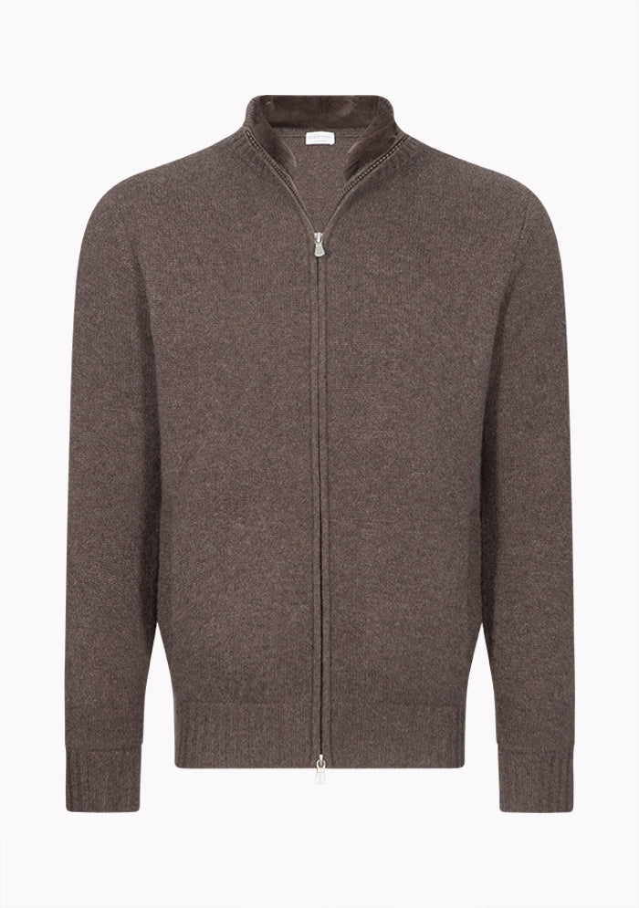 Men's Zermatt Italian cashmere cardigan with removable Rex fur collar, Addison Geneva #color_kindling