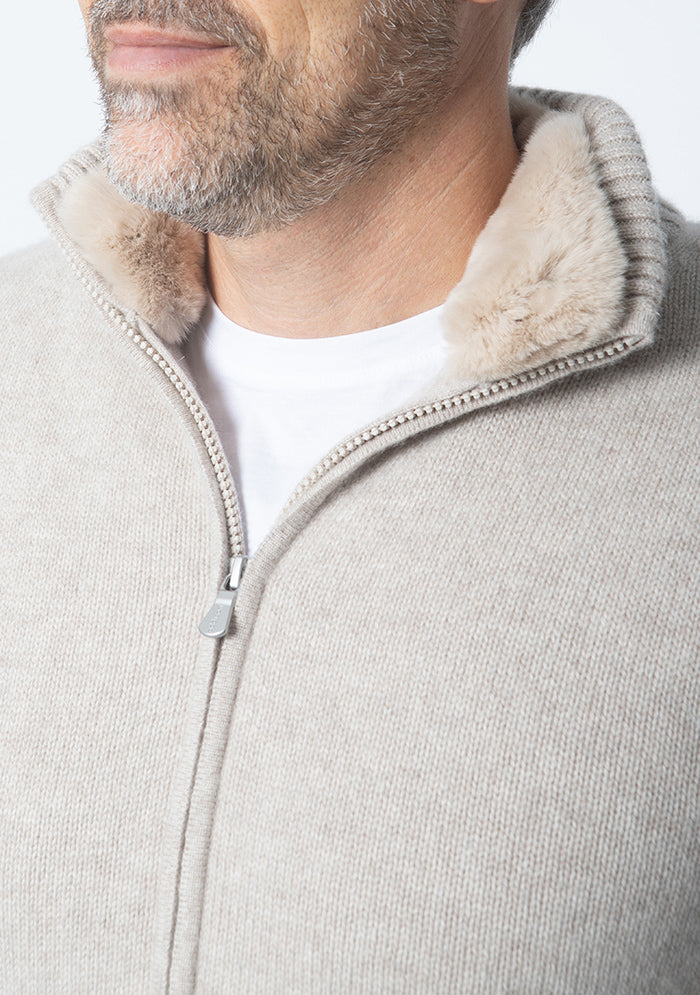 Men's Zermatt Italian cashmere cardigan with removable Rex fur collar, Addison Geneva
