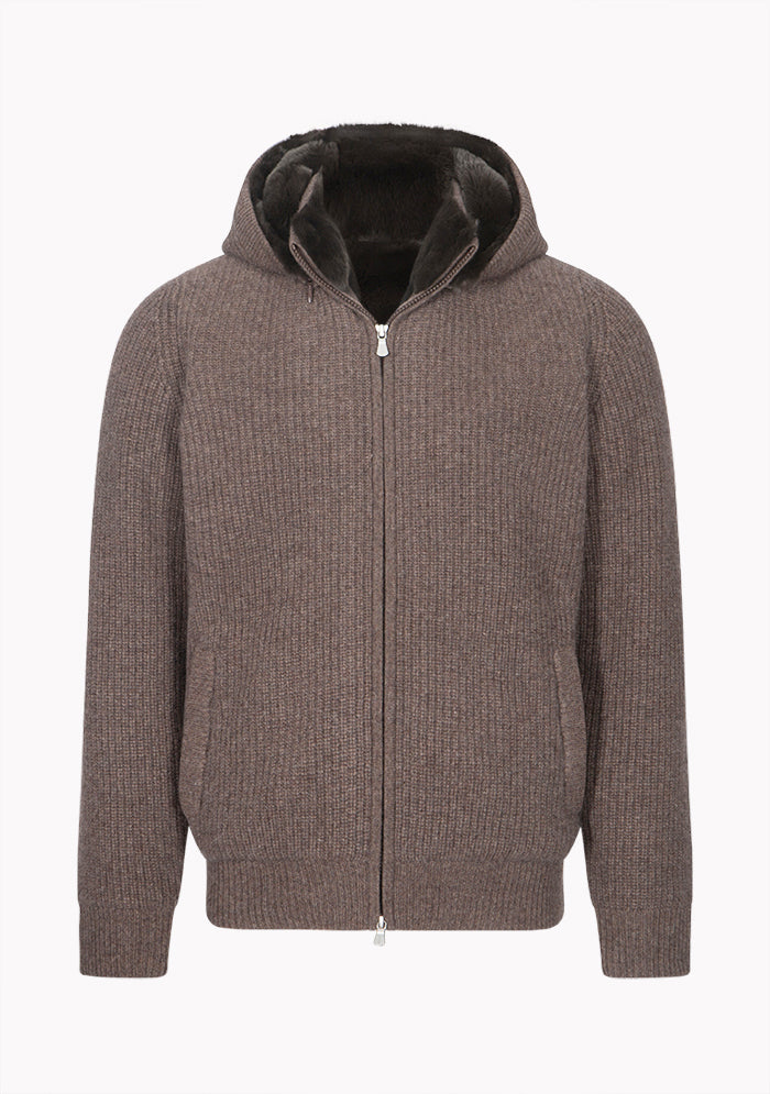 Men's St. Moritz cashmere cardigan, Rex fur lining, worn, Addison Geneva