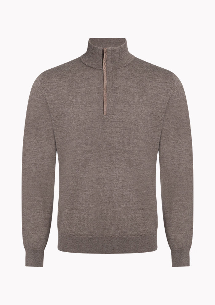 Men's tortora Merino wool half-zip sweater with Alcantara-trimmed zip, Biella #color_tortora