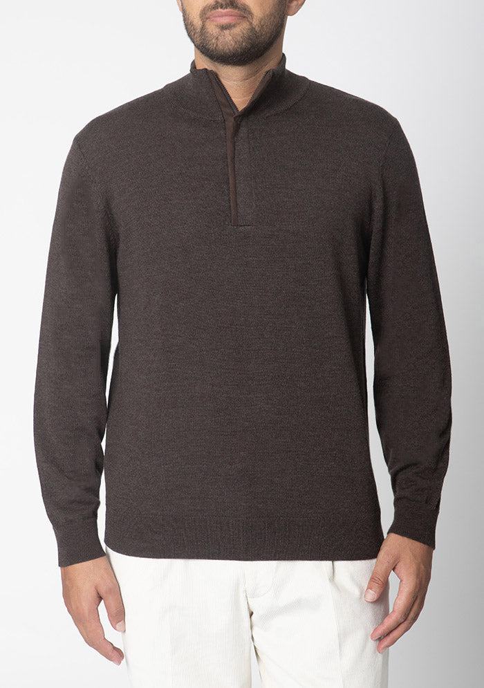 Biella brown half-zip sweater in 100% Italian Merino wool, Addison Geneva #color_brown