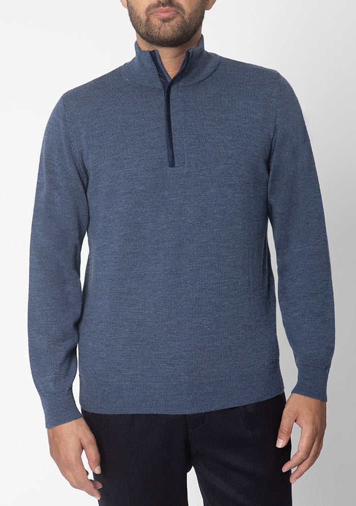 Biella denim blue half-zip sweater in 100% Italian Merino wool, Addison Geneva #color_denim