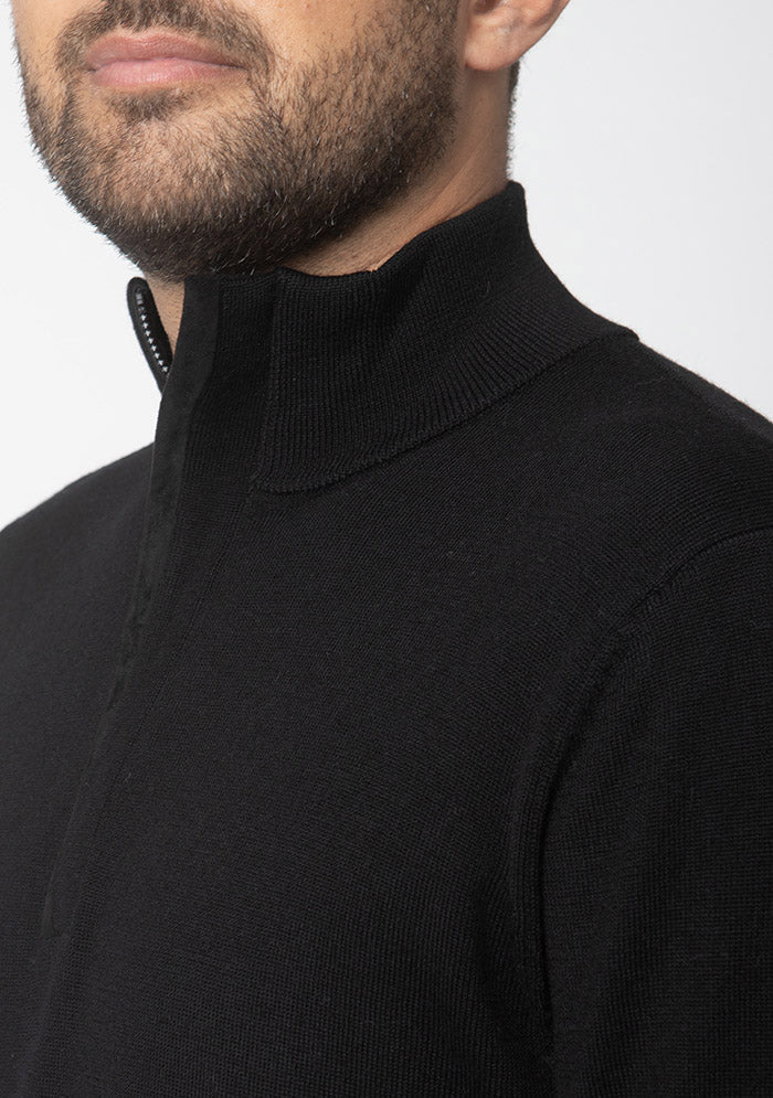 Black Biella Merino half-zip, Alcantara zip collar detail #color_nero