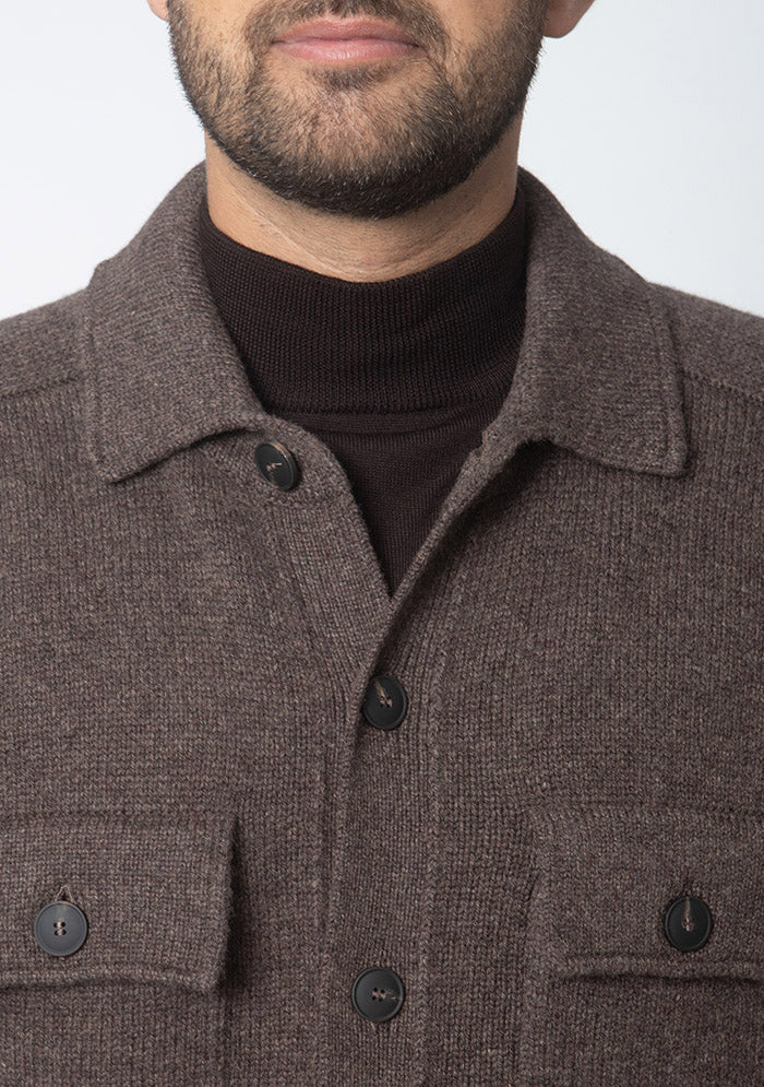 Brown Arezzo Merino cardigan with buttoned chest pockets #color_moro