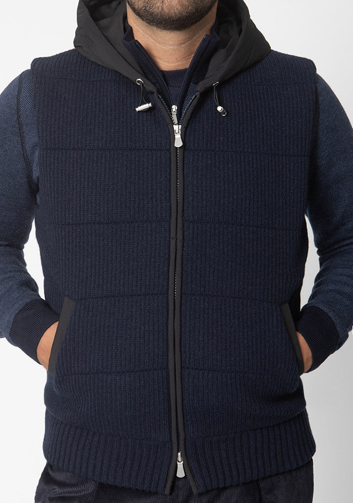 Courmayeur hooded vest in navy Italian wool with technical hood #color_blu