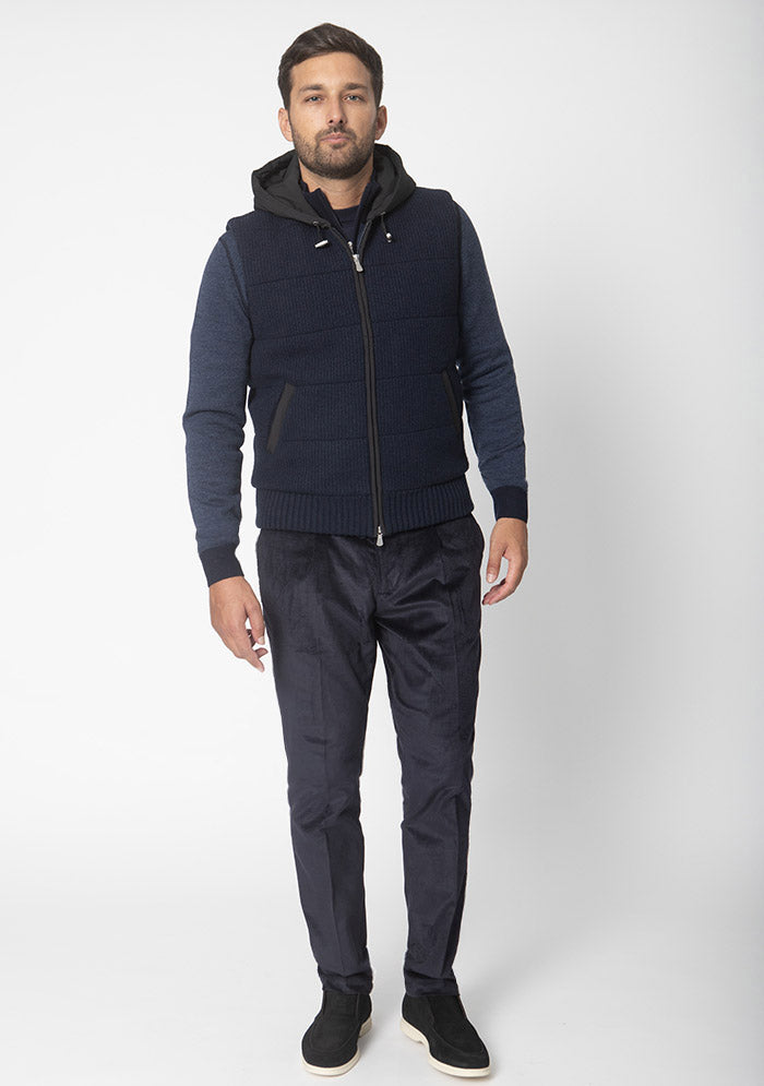 Luxury hooded gilet in navy 100% Italian wool, Courmayeur #color_blu