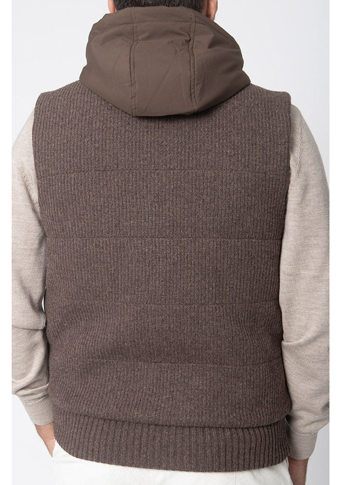 Dark brown sleeveless wool gilet with hood for men #color_moro