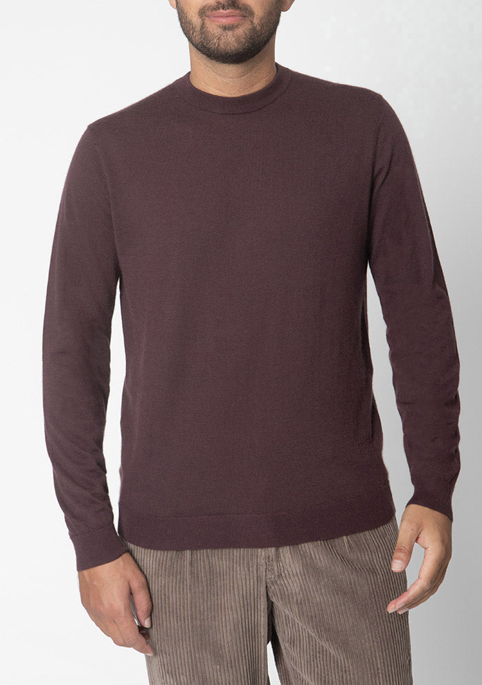 Men's Ravello silk cashmere crew neck sweater in cacao brown, worn, Addison Geneva #color_CACAO